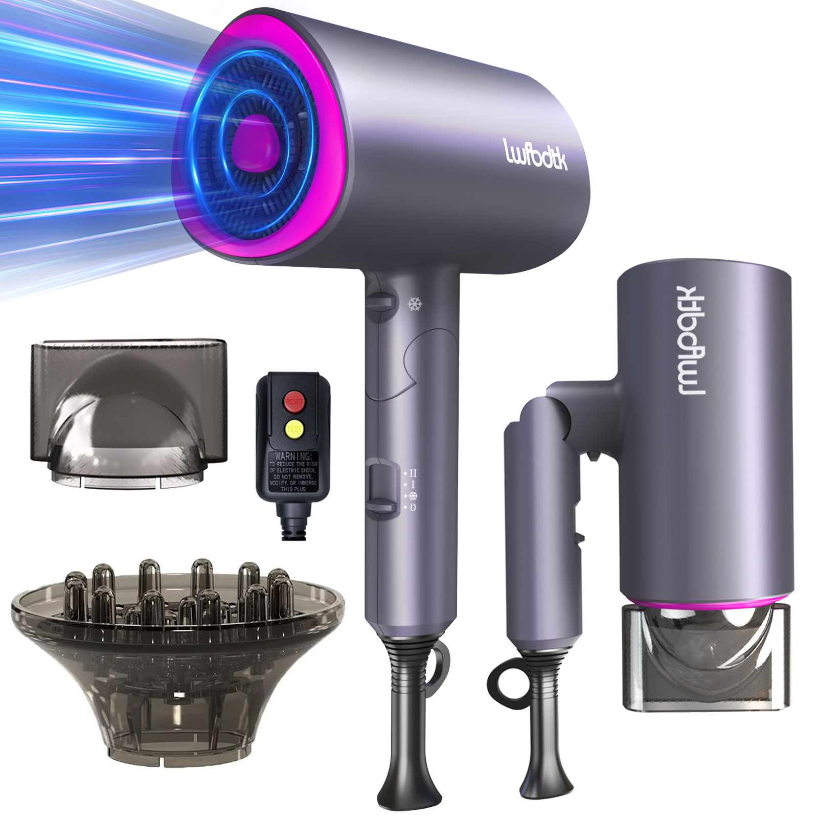 LWFBDTK Hair Dryer, 1800W Professional Ionic Dryer, 3 Heat Settings, Powerful Hot/Cool Wind Blow Dryer, Dark Grey