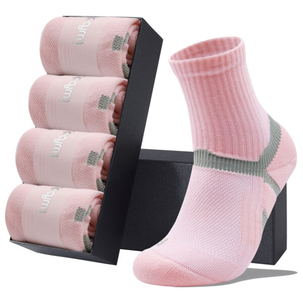 LWFBDTK Women’s Crew Athletic Socks, 4 Pairs – Moisture-Wicking Cushioned Sport Socks, Size 4.5–9.5, Pink