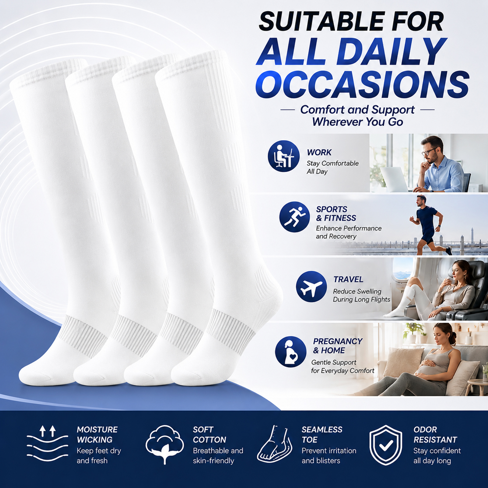 LWFBDTK Compression Socks for Women Men, 20-30 mmHg Circulation Knee High for Nurses Running & Travel, 4 Pairs, White - Image 5