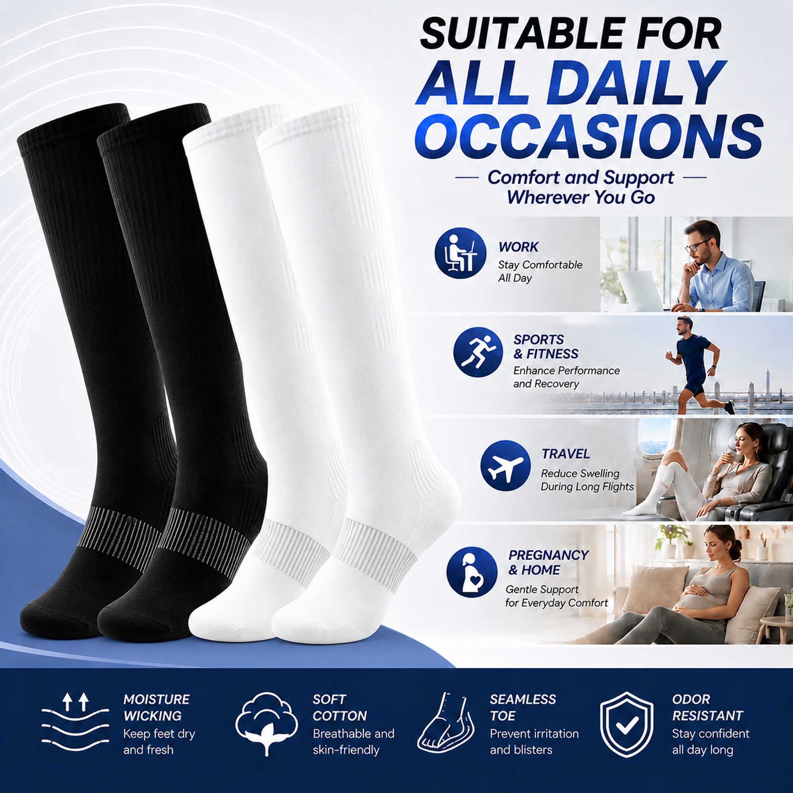 LWFBDTK Compression Socks for Women Men, 20-30 mmHg Circulation Knee High for Nurses Running & Travel, 4 Pairs, White and Black - Image 5