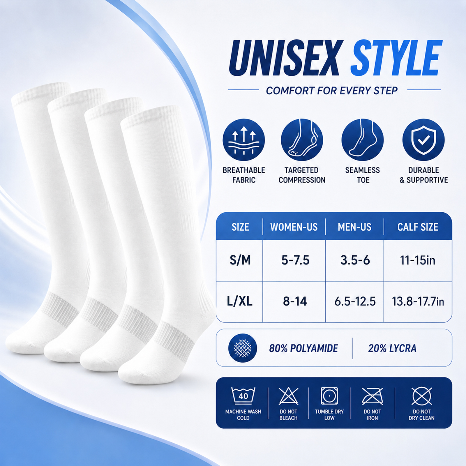 LWFBDTK Compression Socks for Women Men, 20-30 mmHg Circulation Knee High for Nurses Running & Travel, 4 Pairs, White - Image 3