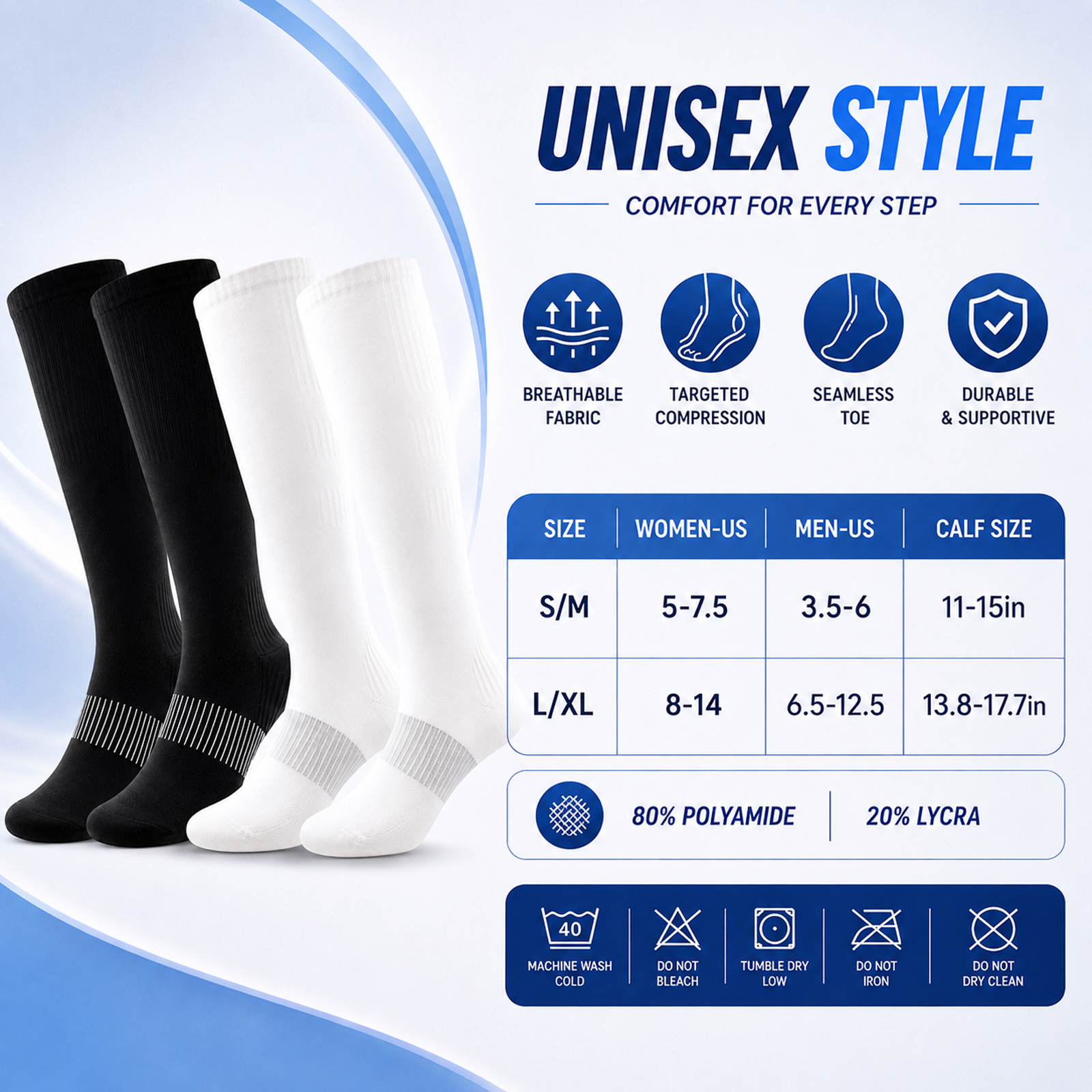 LWFBDTK Compression Socks for Women Men, 20-30 mmHg Circulation Knee High for Nurses Running & Travel, 4 Pairs, White and Black - Image 7