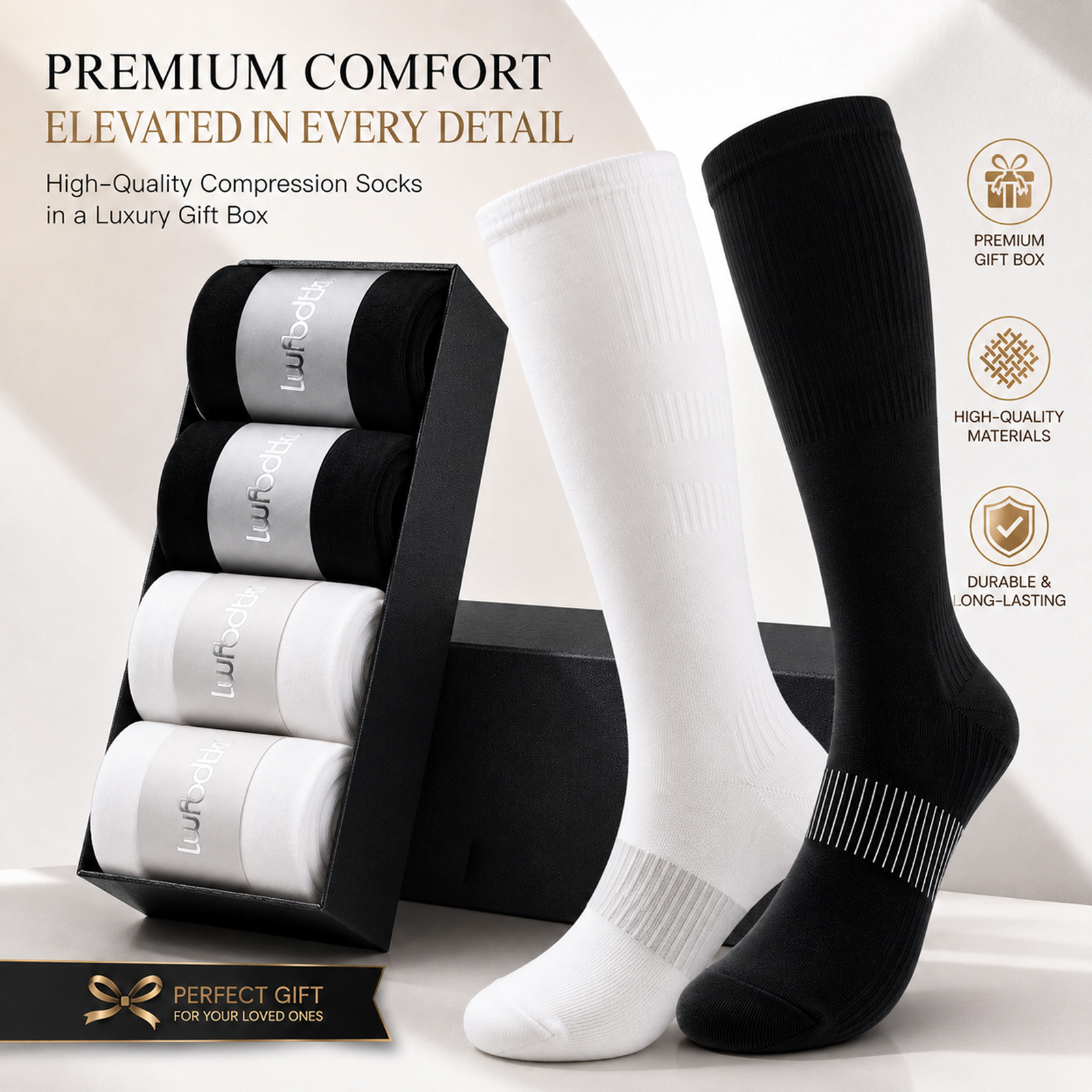 LWFBDTK Compression Socks for Women Men, 20-30 mmHg Circulation Knee High for Nurses Running & Travel, 4 Pairs, White and Black - Image 8